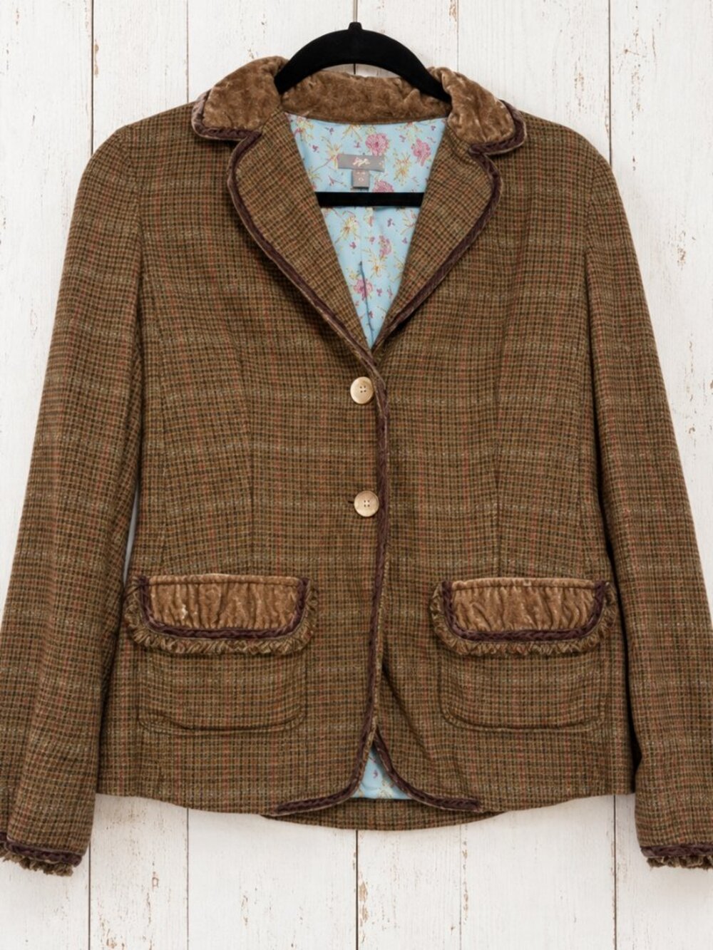 J. Jill Stretch Brown Plaid Blazer Jacket with Velvet Trim & Floral Lining